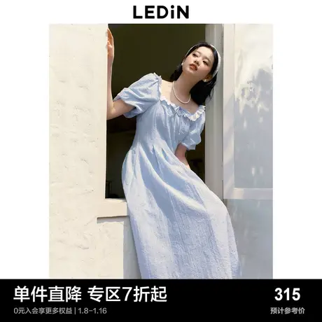 乐町南法度假连衣裙夏季女法式格纹碎花裙女蓝色方领长裙图片