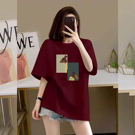 龙年本命年红色纯棉短袖T恤女圆领套头打底喜庆学生休闲卡通上衣商品大图