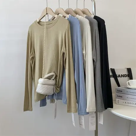 自制款/圆领长袖温柔色系打底衫女显瘦薄款纯色秋舞蹈服练功服女商品大图