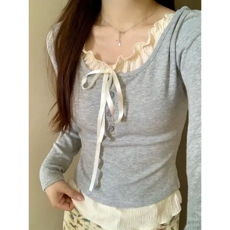 假两件修身长袖T恤女春季韩版洋气时髦蕾丝花边拼接打底衫上衣服商品大图