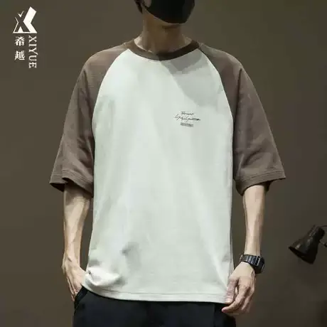 希越撞色插肩袖T恤男2024春季新款打底卫衣重磅宽松大码男士短袖商品大图