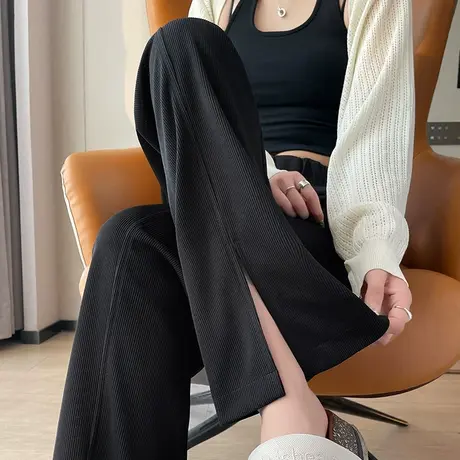开叉针织阔腿裤女春夏季2024薄款垂感休闲高腰显瘦宽松直筒拖地裤图片