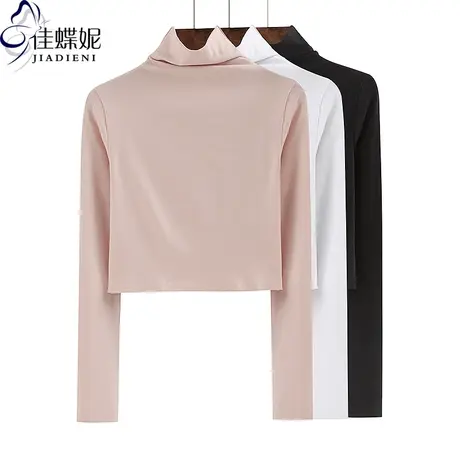 春季新款韩版高领纯白修身显瘦短款高腰长袖体恤内搭女上衣打底衫商品大图