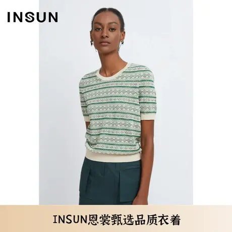 INSUN恩裳夏季肌理感复古几何花纹毛针织衫图片
