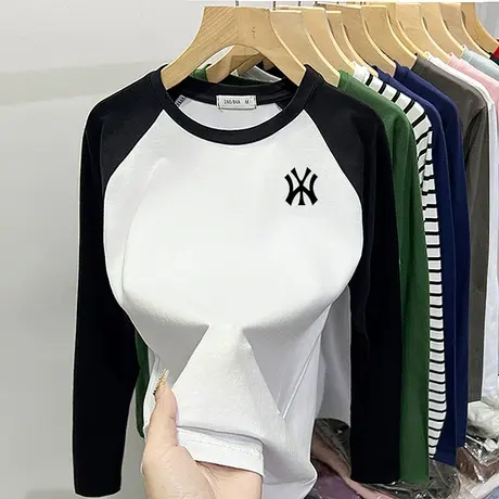 2024早春t恤女长袖纯棉插肩袖薄款内搭秋衣设计感印花上衣显瘦潮图片