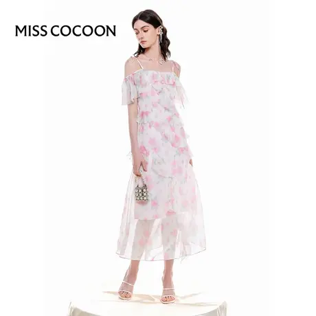 MISSCOCOON【花园度假】24春夏新款浪漫樱花荷叶边方领雪纺连衣裙图片