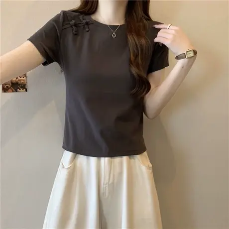 设计感小众国风盘扣短款短袖T恤女夏装2024新款打底小衫半袖上衣图片