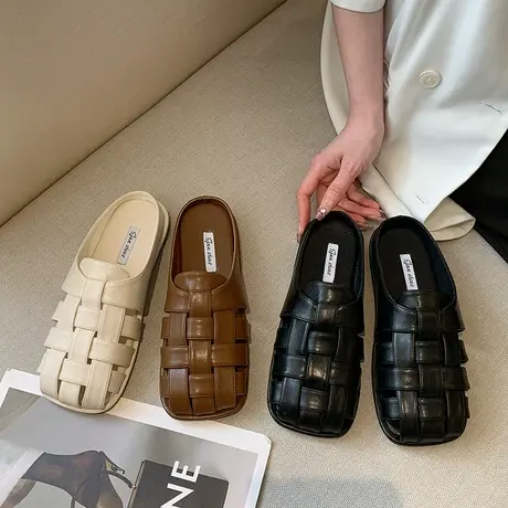 复古编织包头一脚蹬半拖鞋女新款2024夏季外穿办公室平底穆勒凉拖商品大图