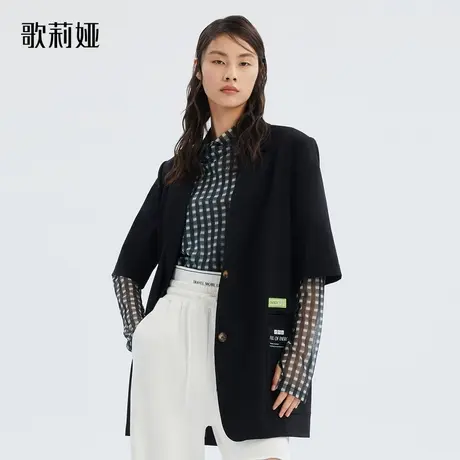 歌莉娅西装女新款男友风精纺羊毛黑色短袖宽松职业外套123J6M100图片