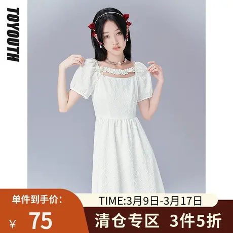 TOYOUTH初语连衣裙女夏季新款提花肌理蝴蝶结方领设计小白裙图片