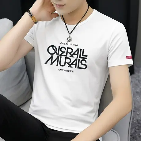 莫代尔白色t恤男士短袖夏季潮牌潮流体恤冰丝冰感上衣服圆领半袖商品大图