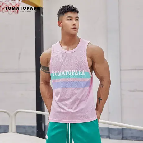 TOMATOPAPA原创背心条纹撞色潮牌运动健身无袖马甲排汗网孔上衣男商品大图