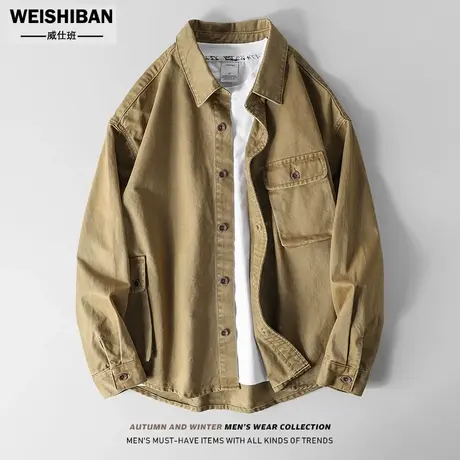 美式复古工装衬衫男长袖多口袋外套2023春秋季新款休闲廓形夹克衫商品大图