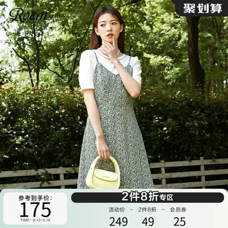 ROEM吊带连衣裙显瘦田园风裙子春秋新品肩带v领碎花长裙女图片