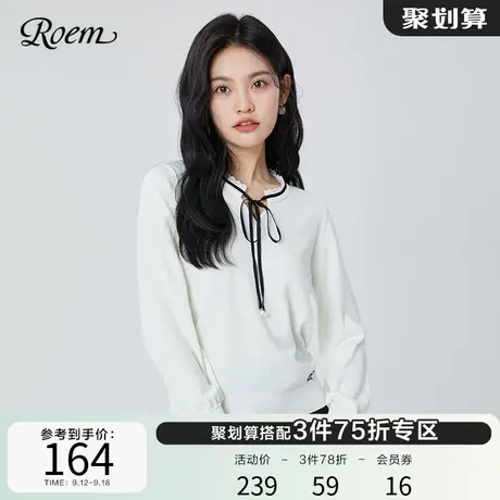 Roem淑女蕾丝系带领蝴蝶结花边领口针织衫女春秋新款韩版套头毛衫图片
