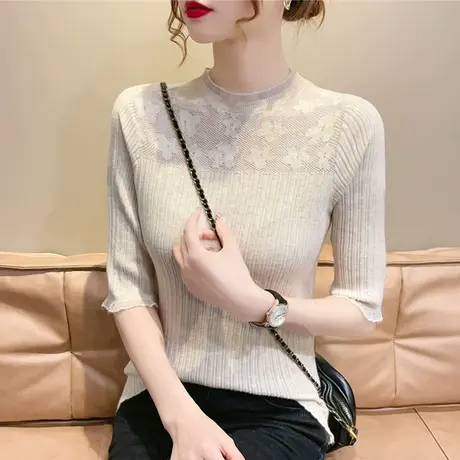 2023春夏装中袖打底衫女士薄款圆领蕾丝内搭针织衫五分袖短款上衣商品大图