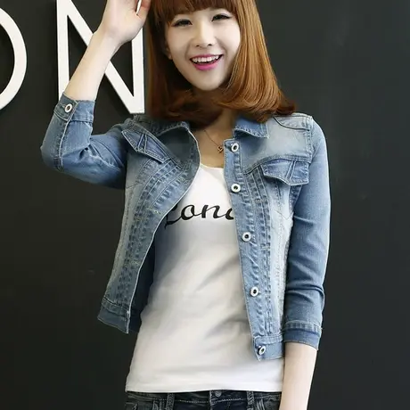 牛仔外套女短款修身韩版潮显瘦学生七分袖春秋牛仔服上衣弹力大码商品大图