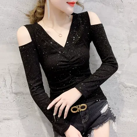 性感露肩V领T恤女长袖2023春秋新款设计感褶皱洋气上衣紧身打底衫图片