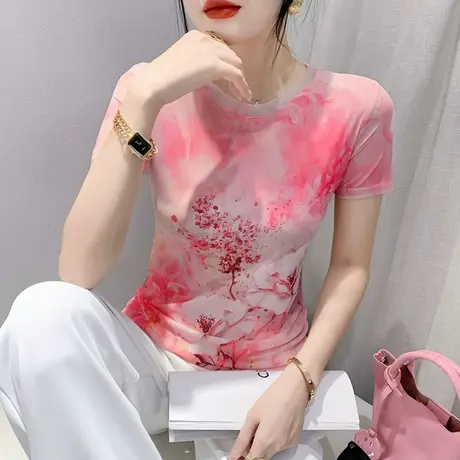 欧货网纱短袖T恤女2023夏季新款时尚印花小衫洋气修身百搭上衣ins商品大图