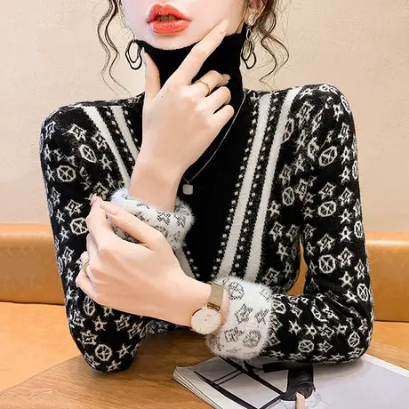 加绒加厚高领毛衣女套头秋冬内搭保暖针织衫撞色修身显瘦打底上衣图片