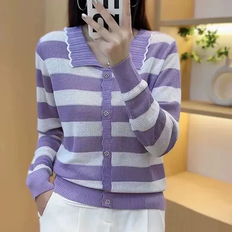 娃娃领薄款条纹针织衫2023新款漂亮减龄针织打底衫小衫洋气上衣女商品大图