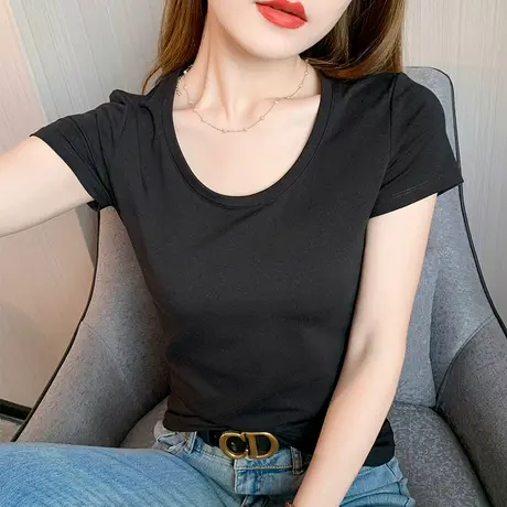 纯棉黑色短袖t恤设计感女夏季ins潮大圆领修身显瘦2023体恤白上衣商品大图