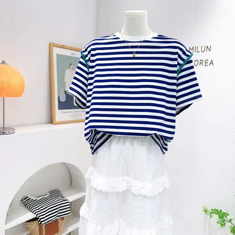 韩国东大门荷叶袖上衣夏季新款拼色别致洋气条纹短袖T恤小个子女商品大图