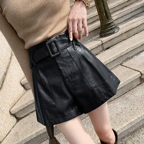 皮短裤女秋冬2022新款pu皮裤高腰阔腿a字休闲外穿软皮配马丁靴裤图片