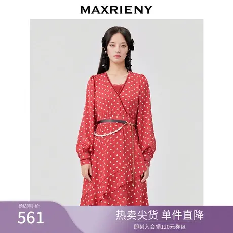 MAXRIENY小红心茶歇裙女春款复古V领蕾丝连衣裙图片