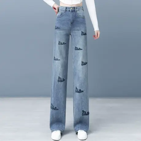 秋季软牛仔阔腿裤女2023新款宽松刺绣垂感直筒裤文艺复古拖地裤潮图片