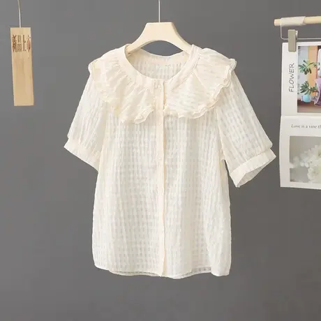 2023夏装新款大翻领木耳边娃娃领雪纺上衣女短袖衬衫洋气小衫女装图片