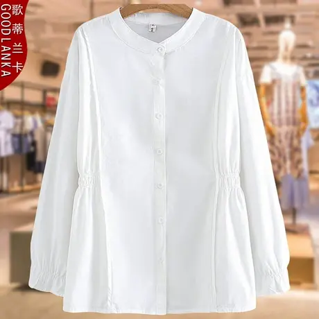 中年妈妈秋装白色衬衫洋气时尚加肥加大码女装收腰喇叭袖纯棉上衣图片
