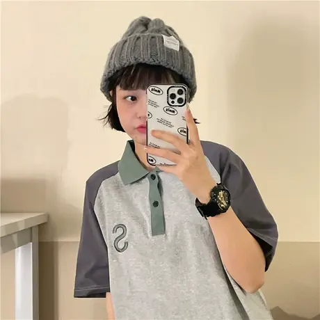 红续2023春夏新款美式复古拼色刺绣小众设计感polo衫纯棉短袖t恤图片