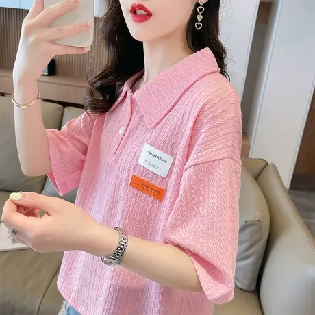 小众设计感短袖t恤女夏季韩版宽松短款翻领polo衫小个子提花上衣图片