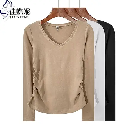 秋冬新款V领修身褶皱纯欲纯棉纯色显瘦长袖体恤上衣内搭女打底衫商品大图