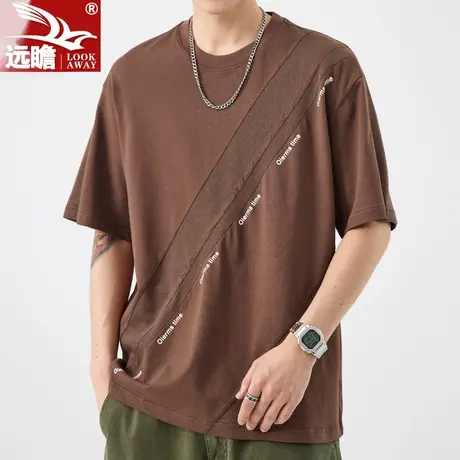 男士短袖t恤夏季薄款纯棉重磅拼接潮牌宽松圆领上衣百搭休闲体恤商品大图