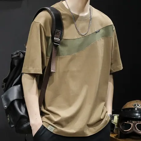 短袖t恤男宽松潮牌大码男装2023新款男士重磅男款体恤夏季撞色棉商品大图