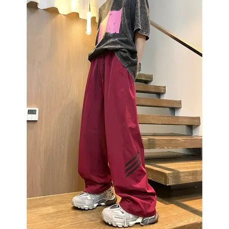 美式复古裤子夏天男生薄款速干酒红色冰丝男裤子夏季工装裤冲锋裤商品大图