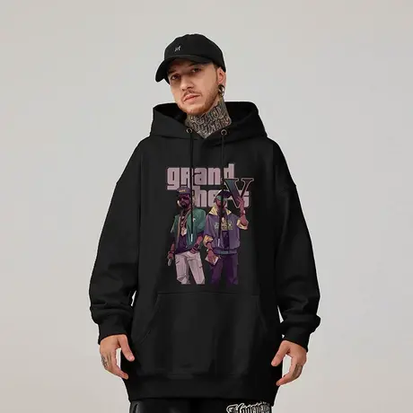 美式嘻哈连帽加肥加大码卫衣男加绒2023新款休闲重磅宽松上衣潮流图片