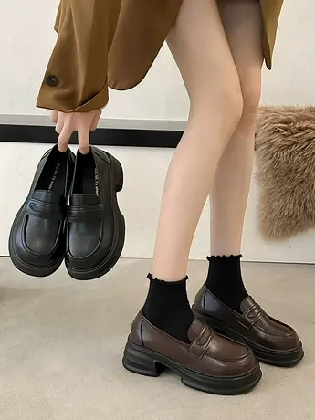 2023年秋季新款英伦风小皮鞋女粗跟厚底一脚蹬乐福鞋春秋休闲单鞋商品大图