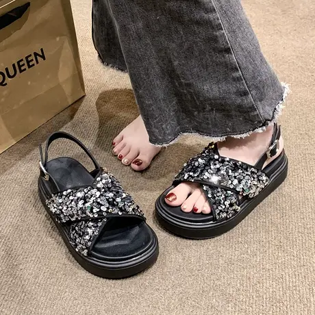 一字扣带罗马风厚底松糕亮片凉鞋女2023夏季新款网红超火ins潮鞋图片