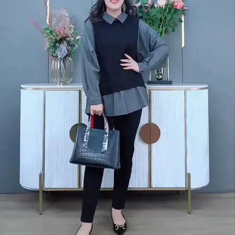 胖妈妈2024春季新款大码女装时尚气质显瘦遮肉休闲假两件上衣女图片