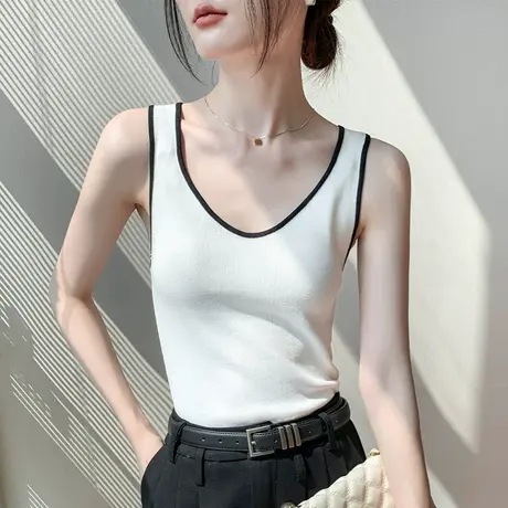 冰丝u领吊带背心女2023夏季新款韩版修身宽边收腰低胸无袖上衣薄图片