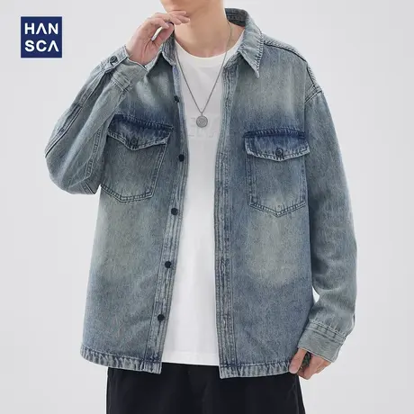 hansca翻领牛仔衬衫男春季新款港风复古潮牌做旧宽松休闲衬衣外套图片