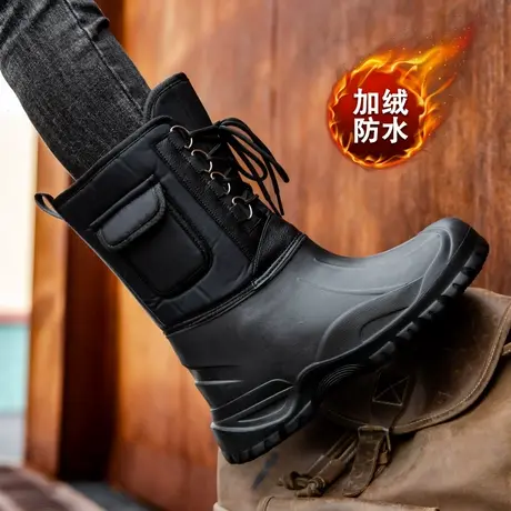 东北冬季骑行户外加绒棉鞋男士钓鱼防水防滑雨鞋高筒雪地靴男加厚商品大图