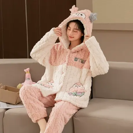 珊瑚绒睡衣女冬季加绒加厚连帽冬天2023新款法兰绒秋冬家居服套装图片