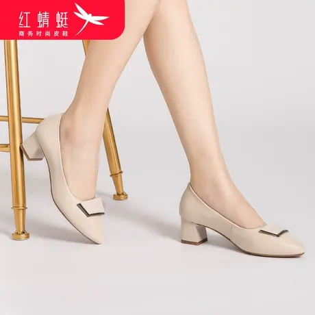 红蜻蜓女鞋真皮尖头高跟鞋春季皮鞋粗跟软底妈妈鞋中跟套脚单鞋子商品大图