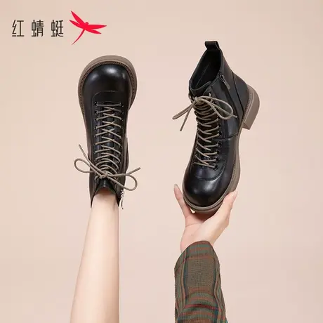 红蜻蜓鞋子女欧货马丁靴2023年新款秋冬季加绒女鞋复古小个子短靴商品大图