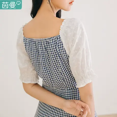 茵曼短袖连衣裙2023春季新款复古方领盘扣拼接泡泡袖格纹A字裙女图片