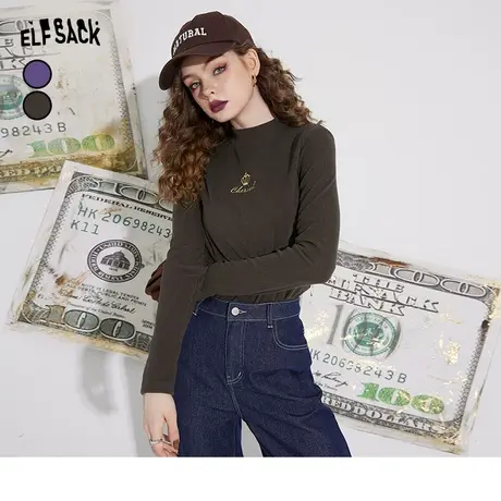 妖精的口袋针织长袖t恤女2022秋季新款纯色内搭打底衫复古上衣潮商品大图
